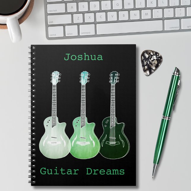 Caderno Espiral Guitar Art adiciona nome Green Black (guitar illustrations on black green pop art personalized notebook guitarist musician songwriting )