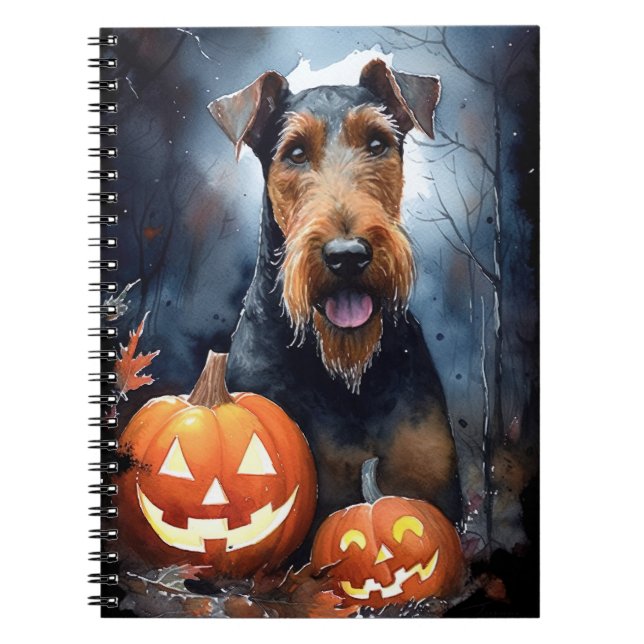 Caderno Espiral Halloween Airedale Com Pumpkins Assustado (Frente)