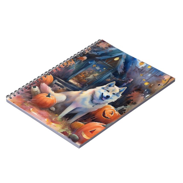 Caderno Espiral Halloween Alaskan Malamute Com Pumpkins Assustado (Left Side)