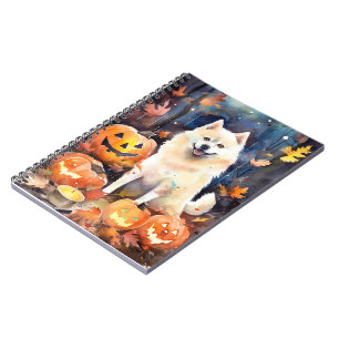 Caderno Espiral Halloween American Akita Com Pumpkins Assustado