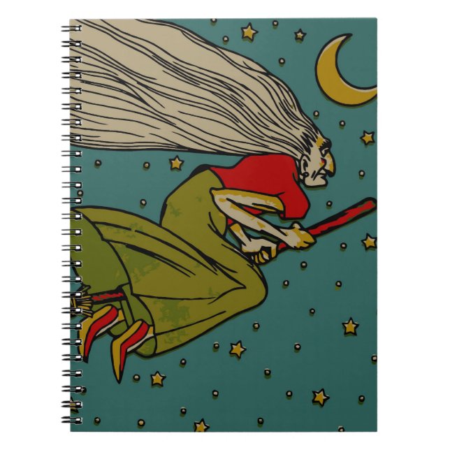 Caderno Espiral Halloween Antigo, Bruxa Má Voadora em Vassoura (Frente)