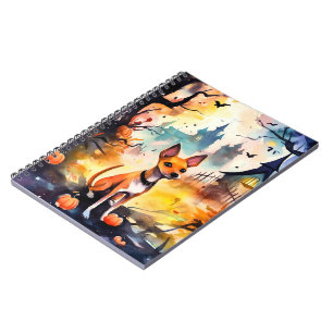 Caderno Espiral Halloween Basenji Com Pumpkins Assustado