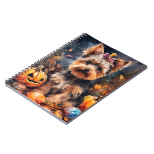 Caderno Espiral Halloween Biewer Terrier Com Pumpkins Assustado