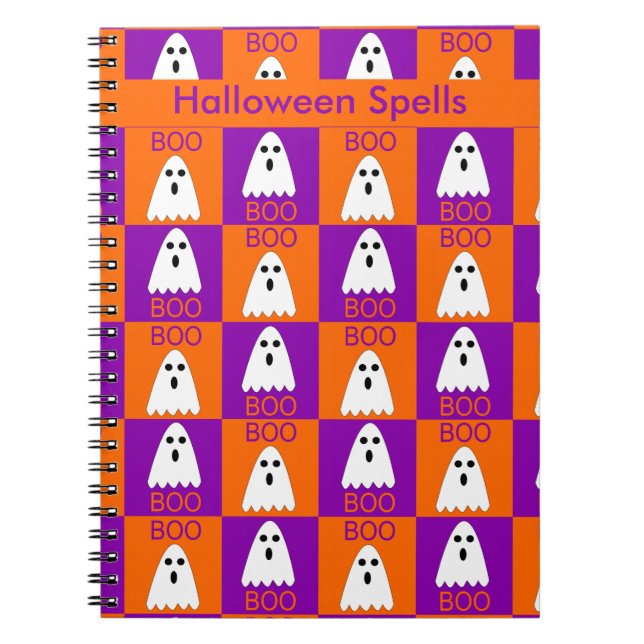 Caderno Espiral Halloween Boo Ghost Purple e Orange Squares (Frente)