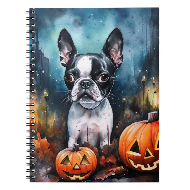 Caderno Espiral Halloween Boston Terrier Com Pumpkins Assustado (Frente)