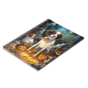 Caderno Espiral Halloween Brittany Spaniel Com Abóboras Assustador