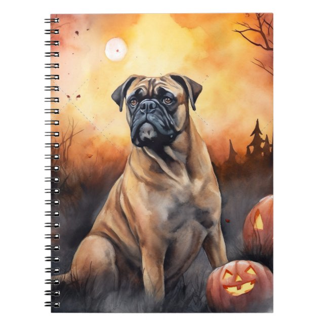 Caderno Espiral Halloween Bullmastiff Com Pumpkins Assustado (Frente)