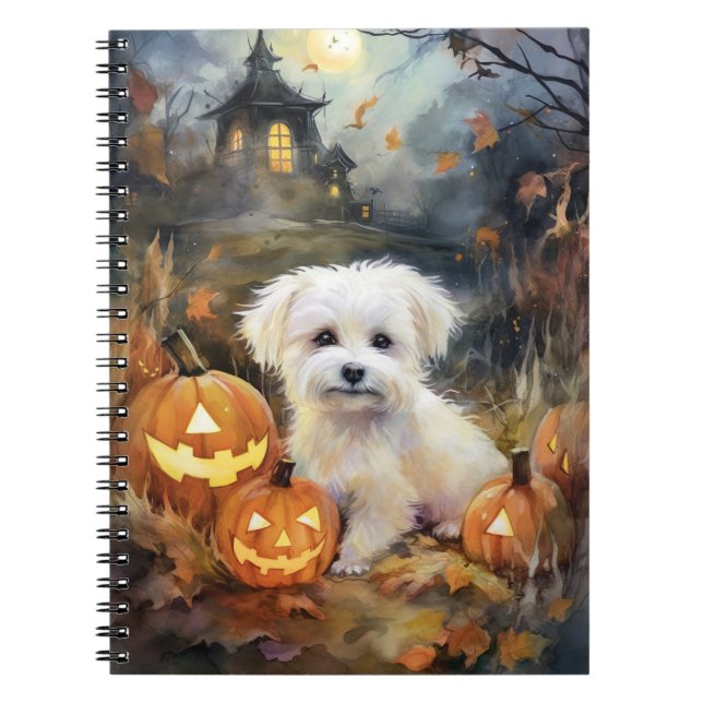 Caderno Espiral Halloween Coton De Tulear Com Pumpkins Assustado (Frente)