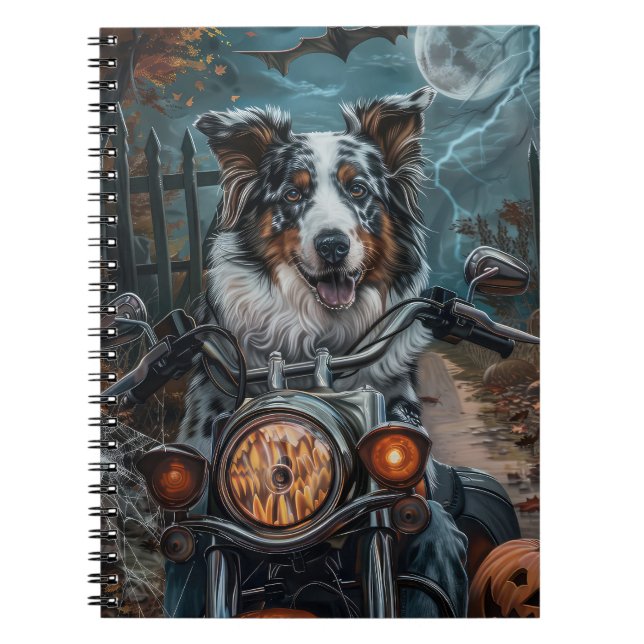 Caderno Espiral Halloween de motocicleta de Shepherd australiano (Frente)