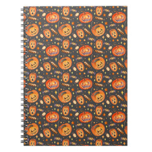 Caderno Espiral Halloween illustration with pumpkin and sweets bat