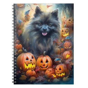 Caderno Espiral Halloween Keeshond Com Pumpkins Assustado