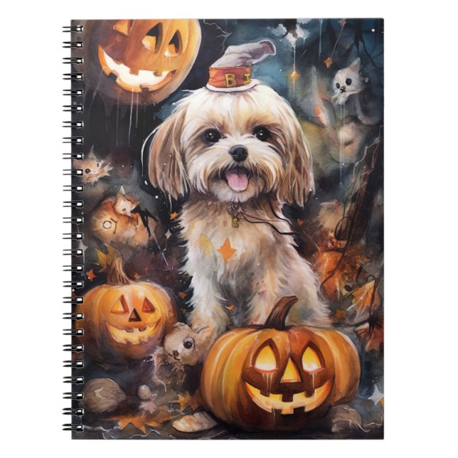 Caderno Espiral Halloween Lhasa Apso Com Pumpkins Assustado (Frente)