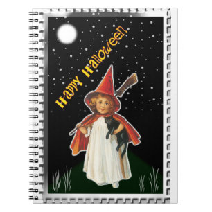 Caderno Espiral Halloween - Menina com vassoura e gato preto