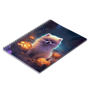 Caderno Espiral Halloween Pomeranian Com Pumpkins Assustado