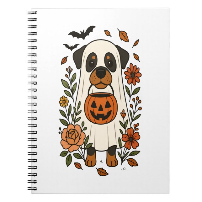 Caderno Espiral Halloween Rottweiler com Flores (Frente)