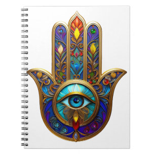 Caderno Espiral Hamsa Colorido Dourado Terceiro Olho Turquesa Safi