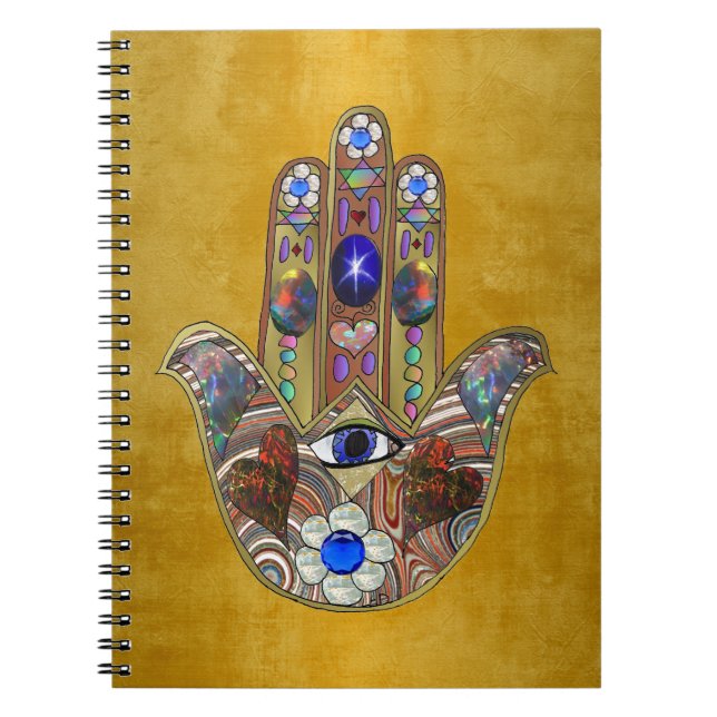 Caderno Espiral Hamsa Hearts Flowers Opal Art em Dourado (Frente)