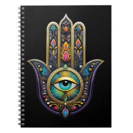 Caderno Espiral Hamsa Preto Colorido com Terceiro Olho Turquesa