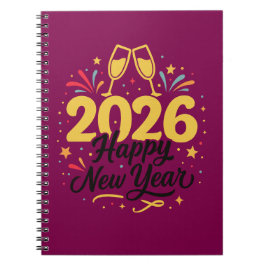 Caderno Espiral Happy New Year 2026 Notebook | Festive Gold Design