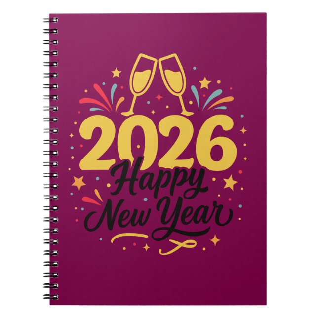 Caderno Espiral Happy New Year 2026 Notebook | Festive Gold Design (Frente)