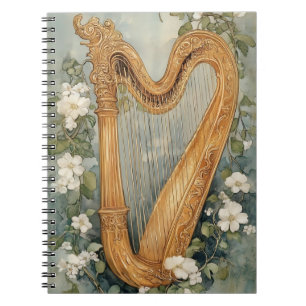Caderno Espiral harpa ornamental rodeada por flores brancas