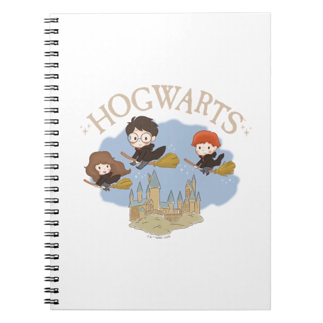 Caderno Espiral HARRY POTTER™, Hermione e Ron Voando Sobre HOGWART (Frente)