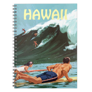 Caderno Espiral Havaí, surfistas esperando por uma grande onda,
