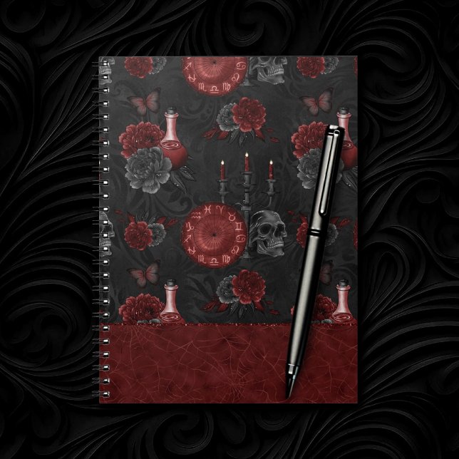 Caderno Espiral Henna Zodiac Magic | Rosas do crânio vermelho Poçã (Criador carregado)