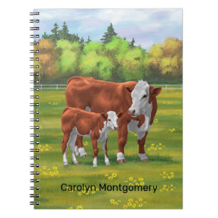 Caderno Espiral Hereford Cow & Cute Calf em Pastura de Verão