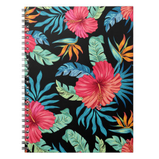 Caderno Espiral hibisco editável, padrão floral vintage