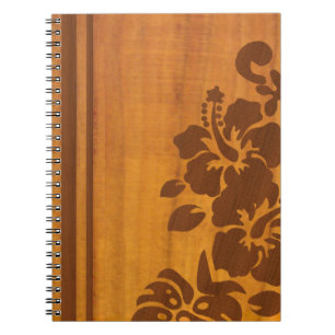 Caderno Espiral Hibisco Floral de Madeira Koa com Vibrações da Ilh