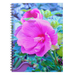 Caderno Espiral Hibisco Rosa Elegante com Folhagem Azul ondulada