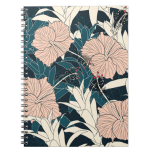 Caderno Espiral hibisco rosa tropical, fundo escuro