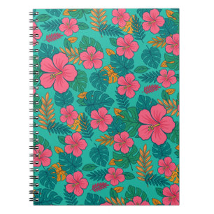 Caderno Espiral Hibisco Tropical e Padrão de Folha de Palmeira