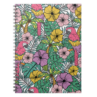 Caderno Espiral Hibisco tropical, palmeira, padrão de papagaios.