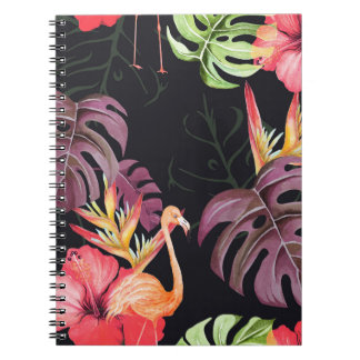 Caderno Espiral Hibiscus, Flamingos, Padrão Tropical Watercolor.