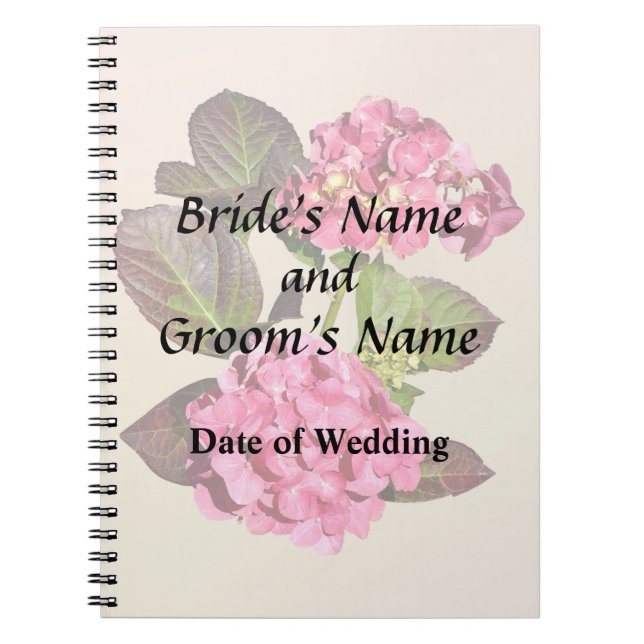 Caderno Espiral Hídrangia Rosa Com Produtos De Casamento De Folhas (Frente)