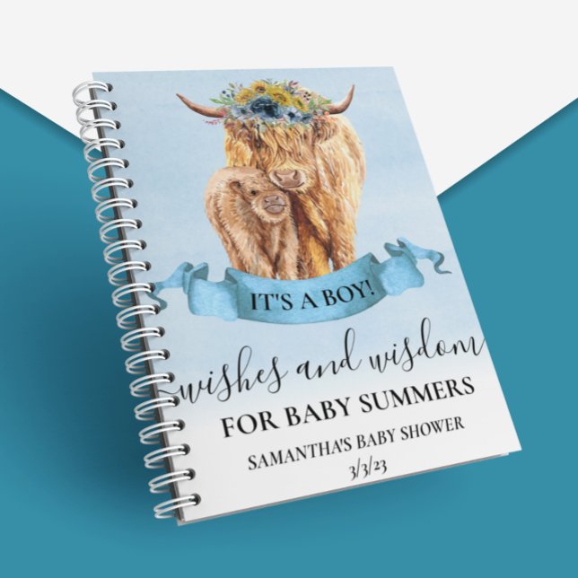 Caderno Espiral Highland Cow Deseja Sabedoria Blue Boy (Criador carregado)