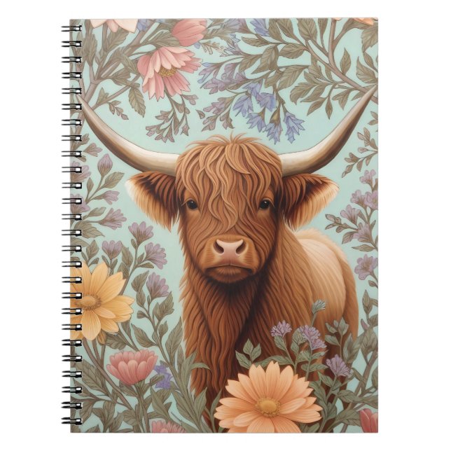 Caderno Espiral Highland Cow Pastel William Morris Inspired Floral (Frente)