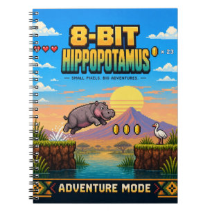 Caderno Espiral Hipopótamo, Arte Pixel 8-Bit Retro
