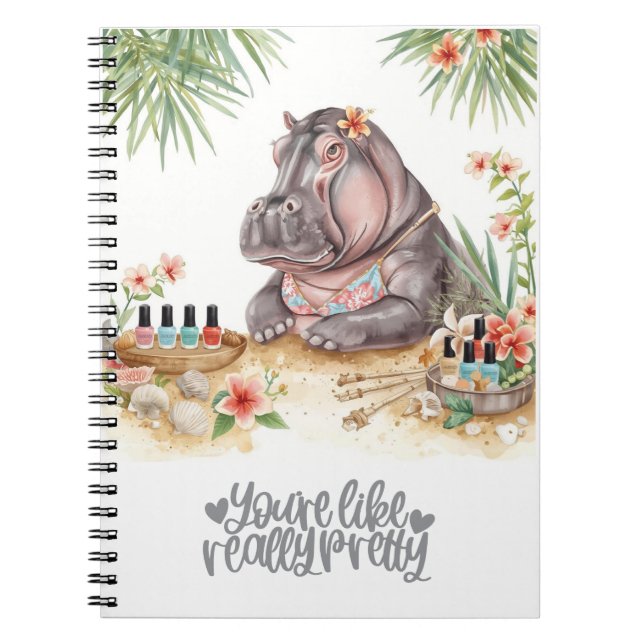 Caderno Espiral Hipopótamo de Spa na Praia com Manicure de Biquíni (Frente)