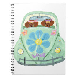 Caderno Espiral Hippies Dachshund em seu carro do amor florido