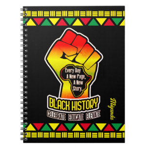 Caderno Espiral História Negra com África Mapa e Punho em NEGRO