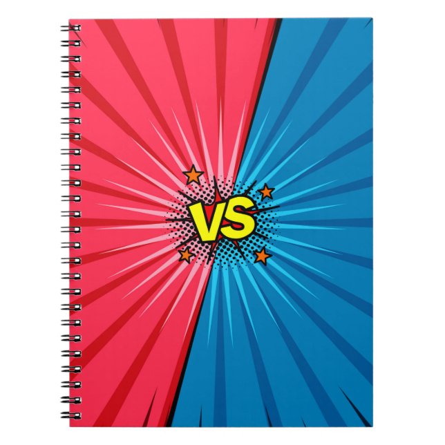 Caderno Espiral Histórias em quadrinhos versus fundo, estilo cláss (Frente)