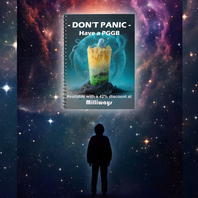 Caderno Espiral Hitchhiker (A notebook is displayed floating with the universe as a backdrop)