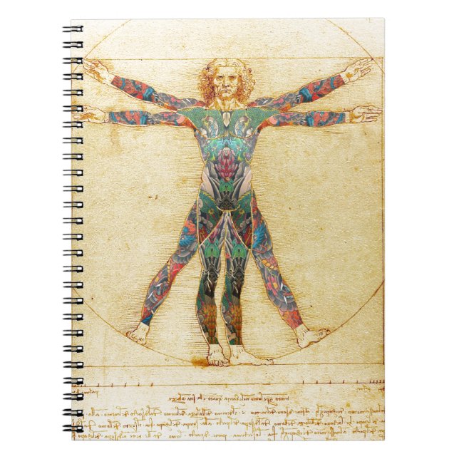 Caderno Espiral Homem do Vitruvian de da Vinci com tatuagens (Frente)