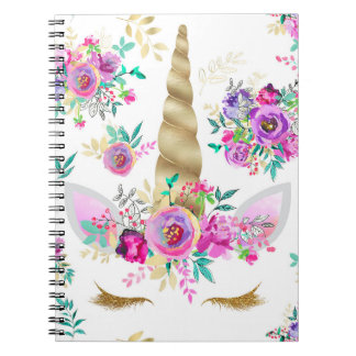 Caderno Espiral Hortelã, roxo, unicórnio floral Dourado