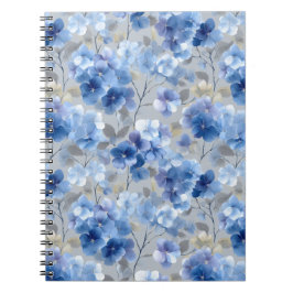 Caderno Espiral Hortênsia Azul Suave Padrão Floral Cinza