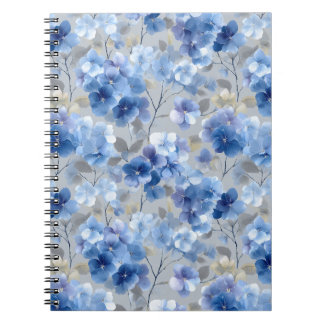 Caderno Espiral Hortênsia Azul Suave Padrão Floral Cinza