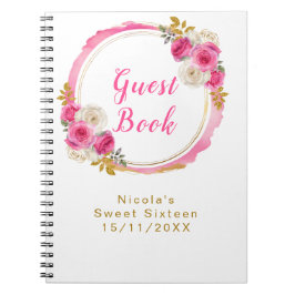 Caderno Espiral Hot Pink and Gold Elegant Flowers Sweet Sixteen